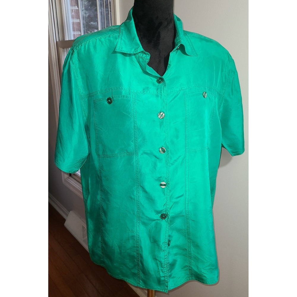 hasting & smith Green Button-Up Shirt Solid Short Sleeve 100% Silk Sz M